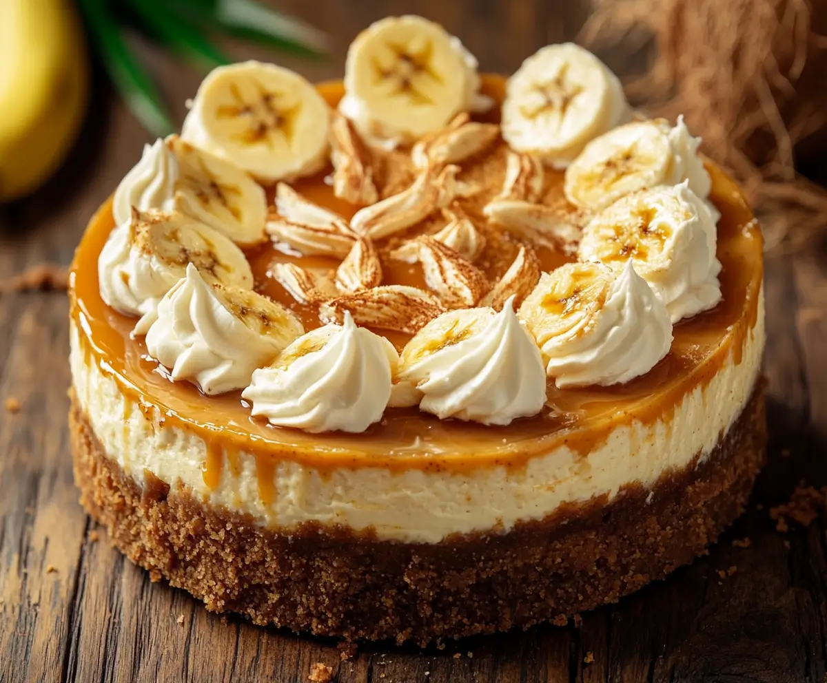 Banana Cheesecake with Whipped Cream and Caramel Drizzle.