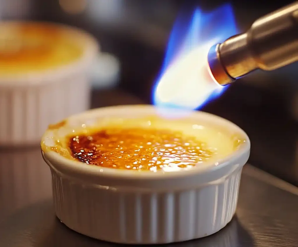 Caramelizing crème brûlée with a blowtorch to create a golden sugar crust.
