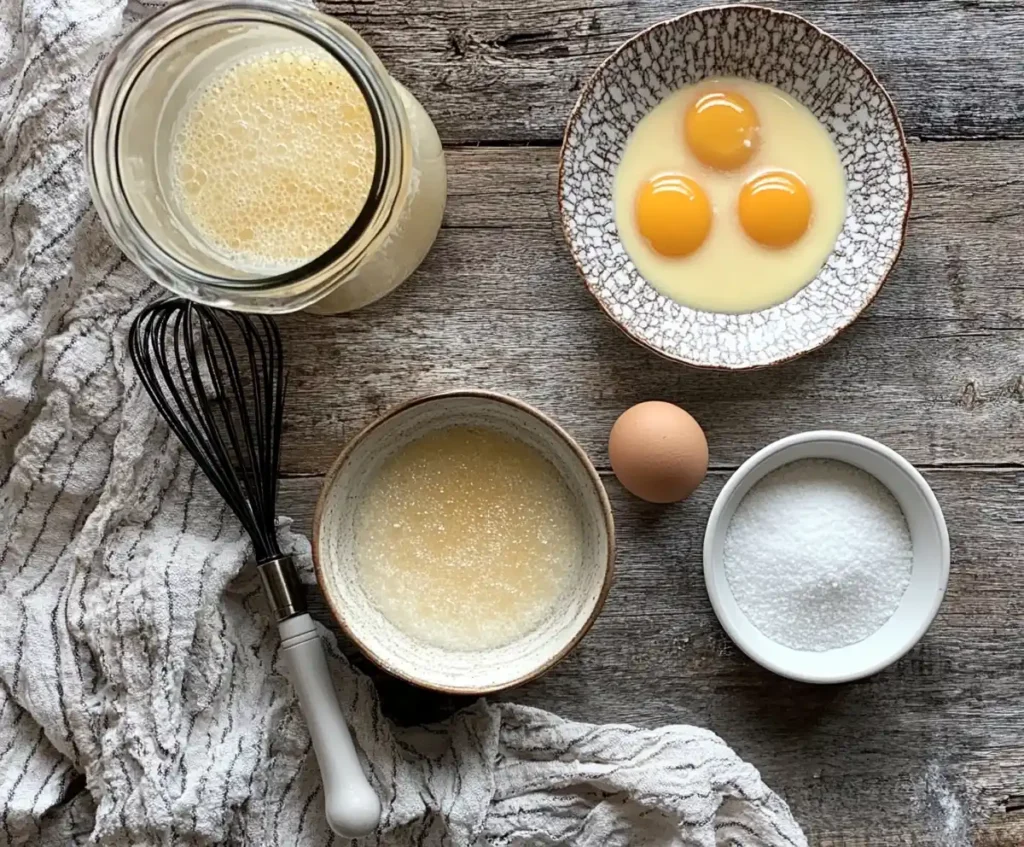 Ingredients for crème brûlée: heavy cream, egg yolks, sugar, and vanilla pods.