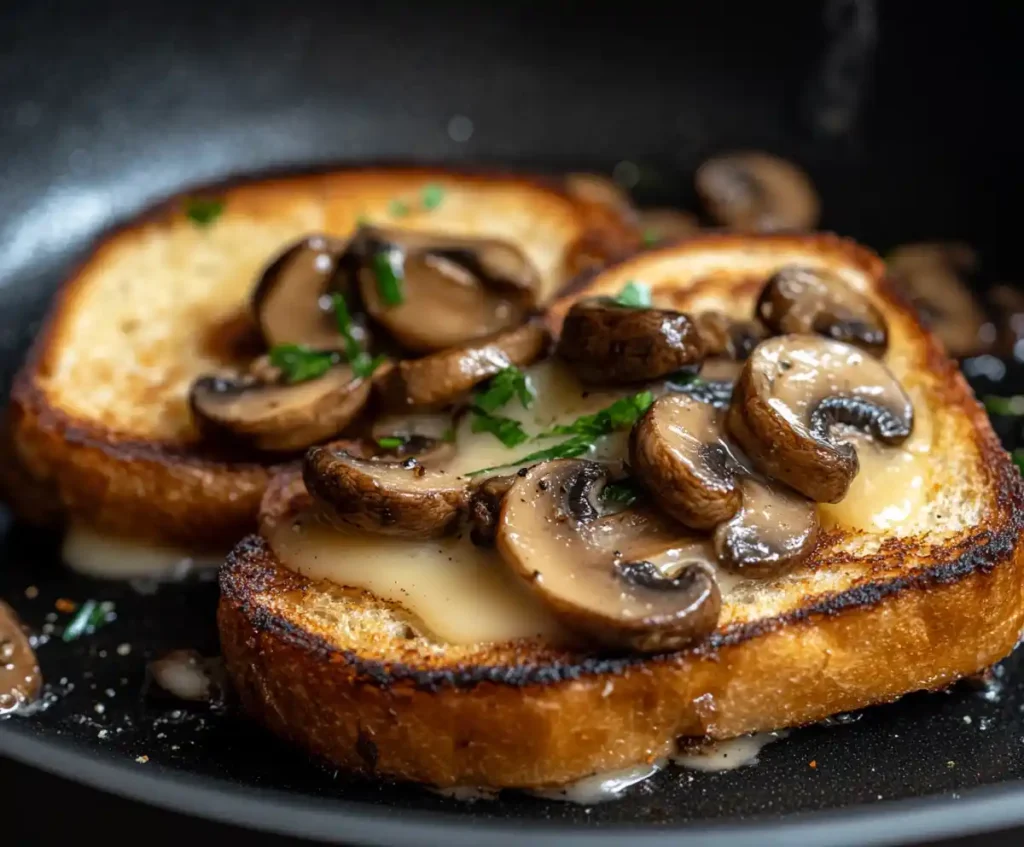 Grilled cheese sandwich with garlic mushrooms cooking in a skillet.