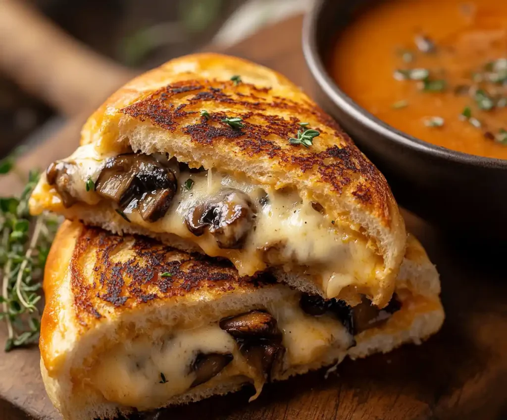 Golden garlic mushroom grilled cheese sandwich served on a wooden board.