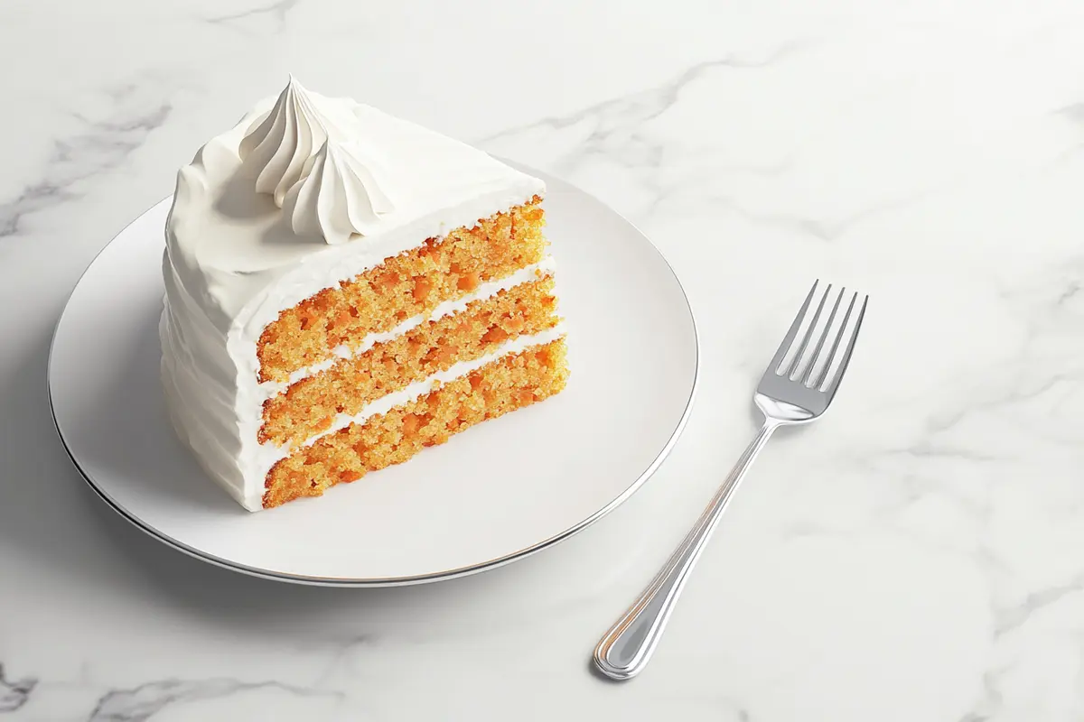 Slice of moist carrot cake with cream cheese frosting and pineapple chunks.