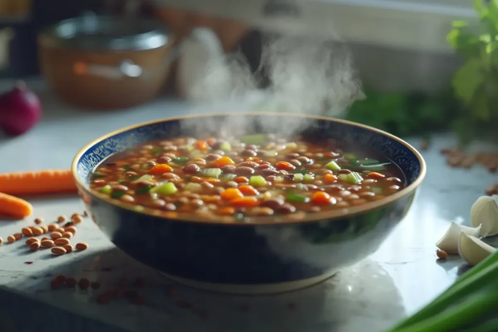 Steaming bowl of colorful bean soup on a white marble countertop