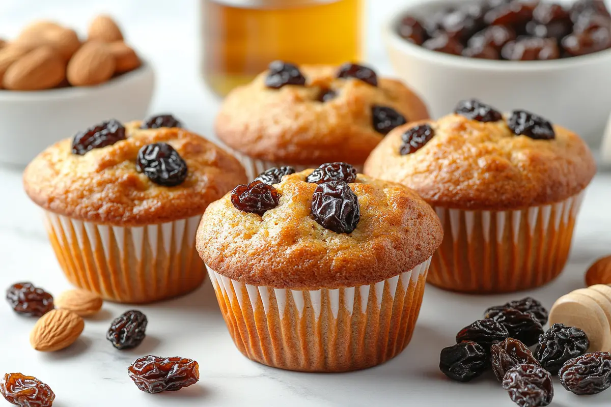 Golden brown muffins on a marble countertop surrounded by fresh raisins and almonds