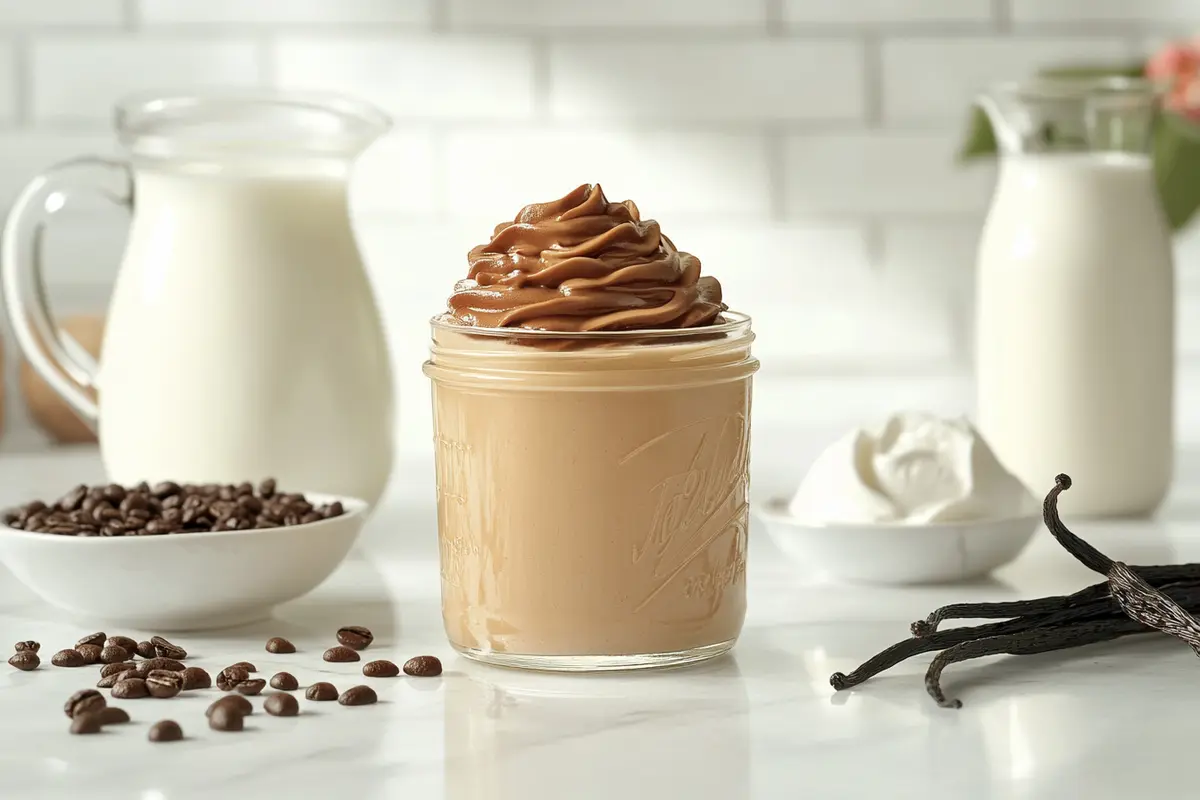 Glass jar of homemade coffee cream on a white marble countertop with fresh vanilla pods