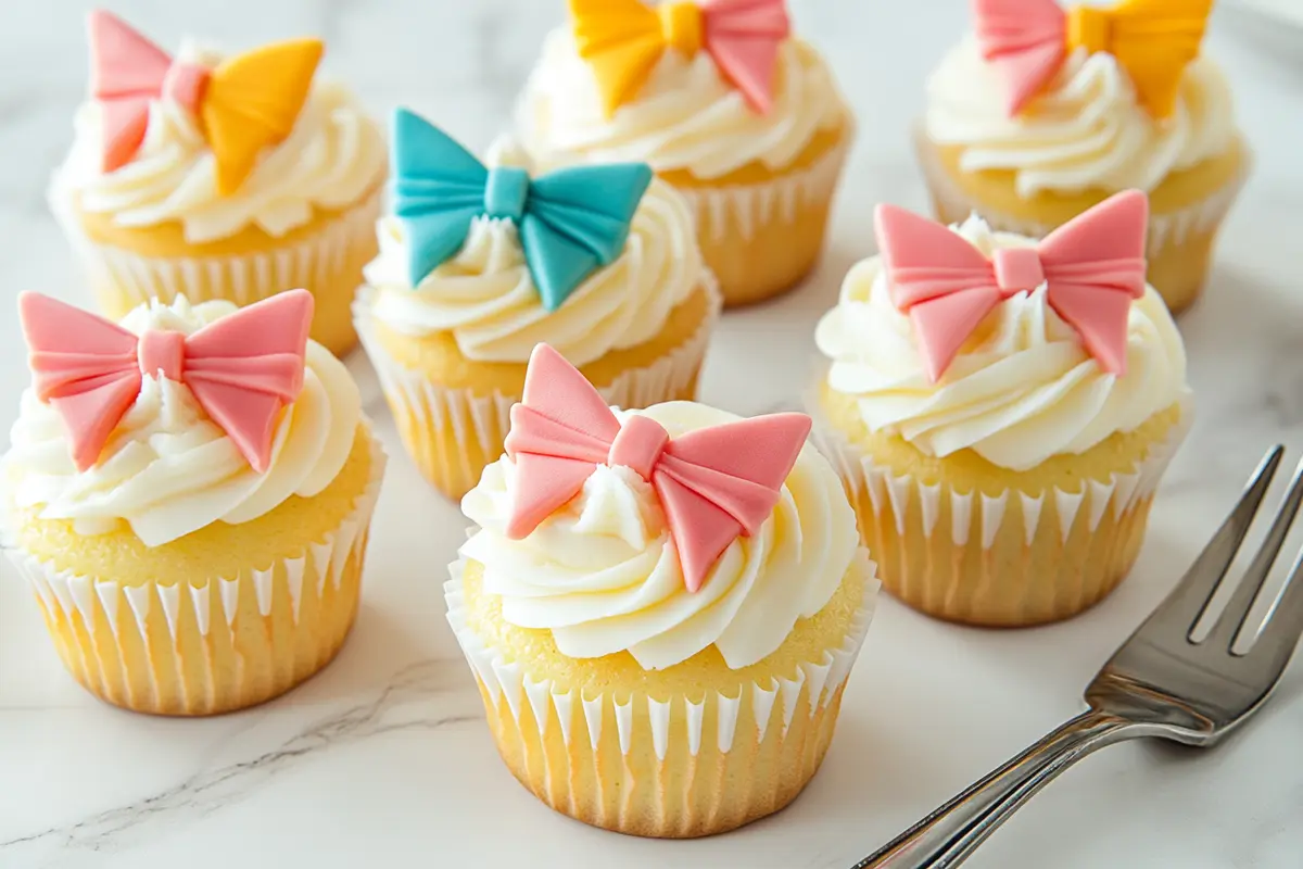 Decorated cupcakes with fondant bows and arrows on a marble countertop