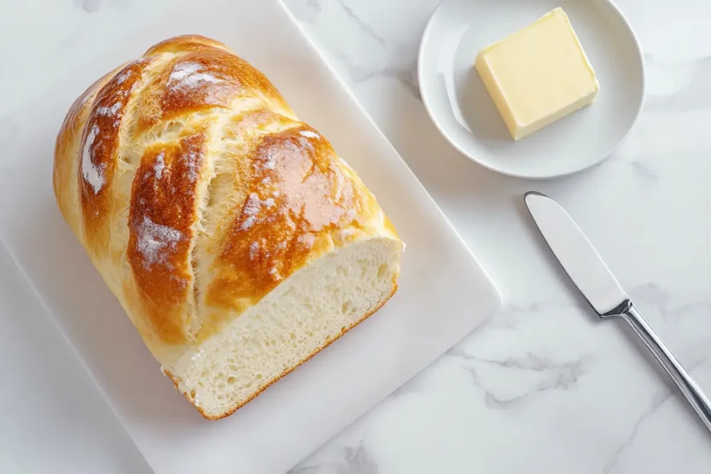 A loaf of golden bread sliced on a marble countertop.