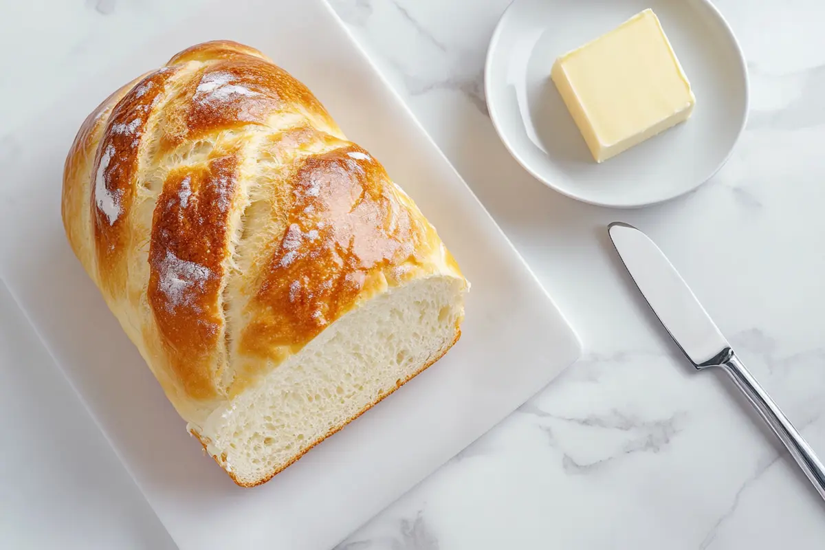 A loaf of golden bread sliced on a marble countertop.