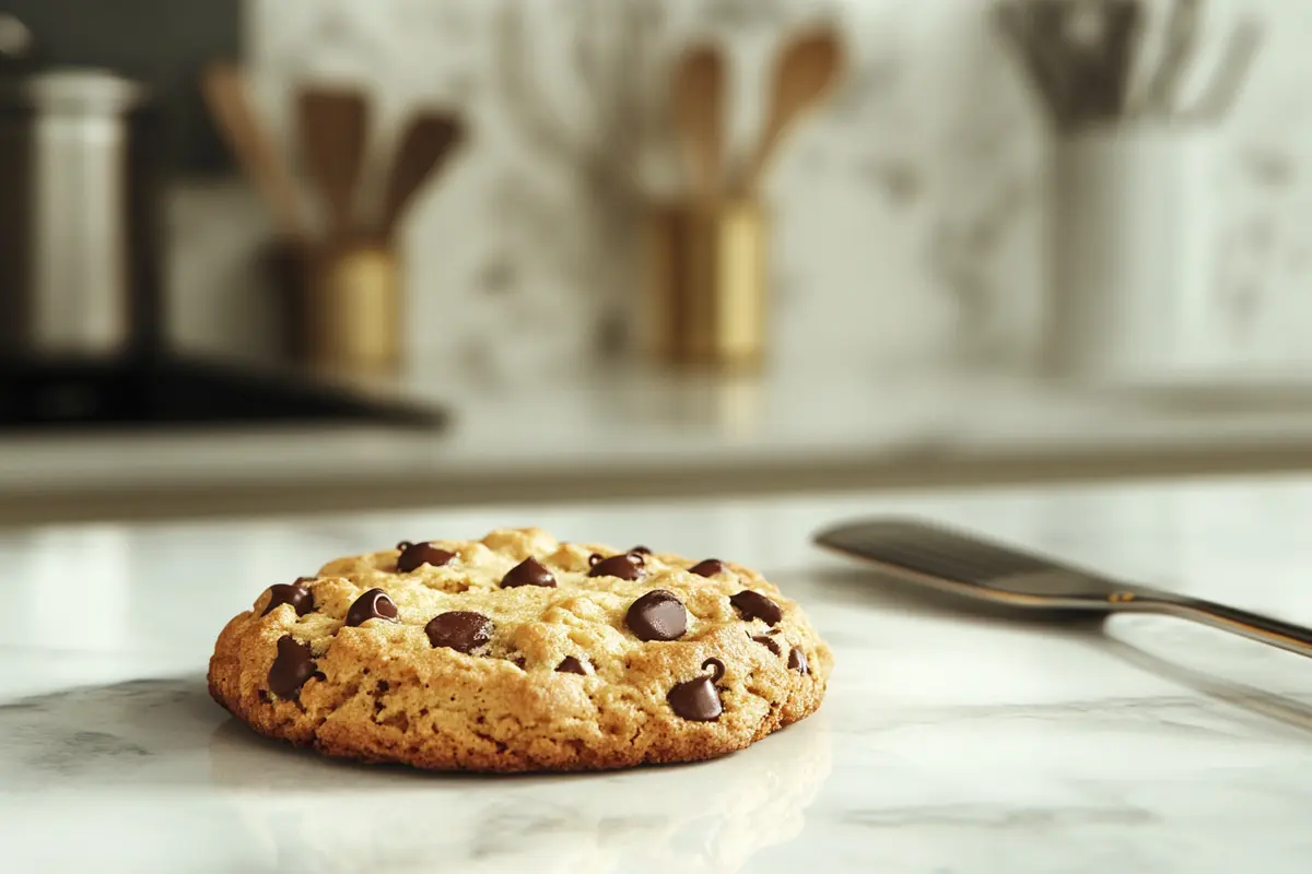 A freshly baked cookie with melted chocolate chips on marble