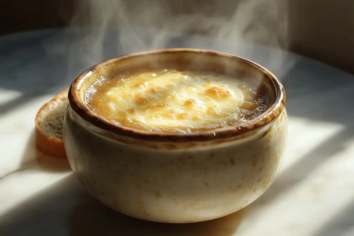 A bowl of classic French onion soup with melted cheese and toasted bread on top