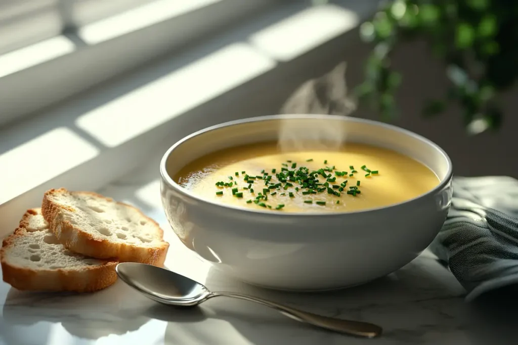 A steaming bowl of creamy potato soup with chives served on a marble table