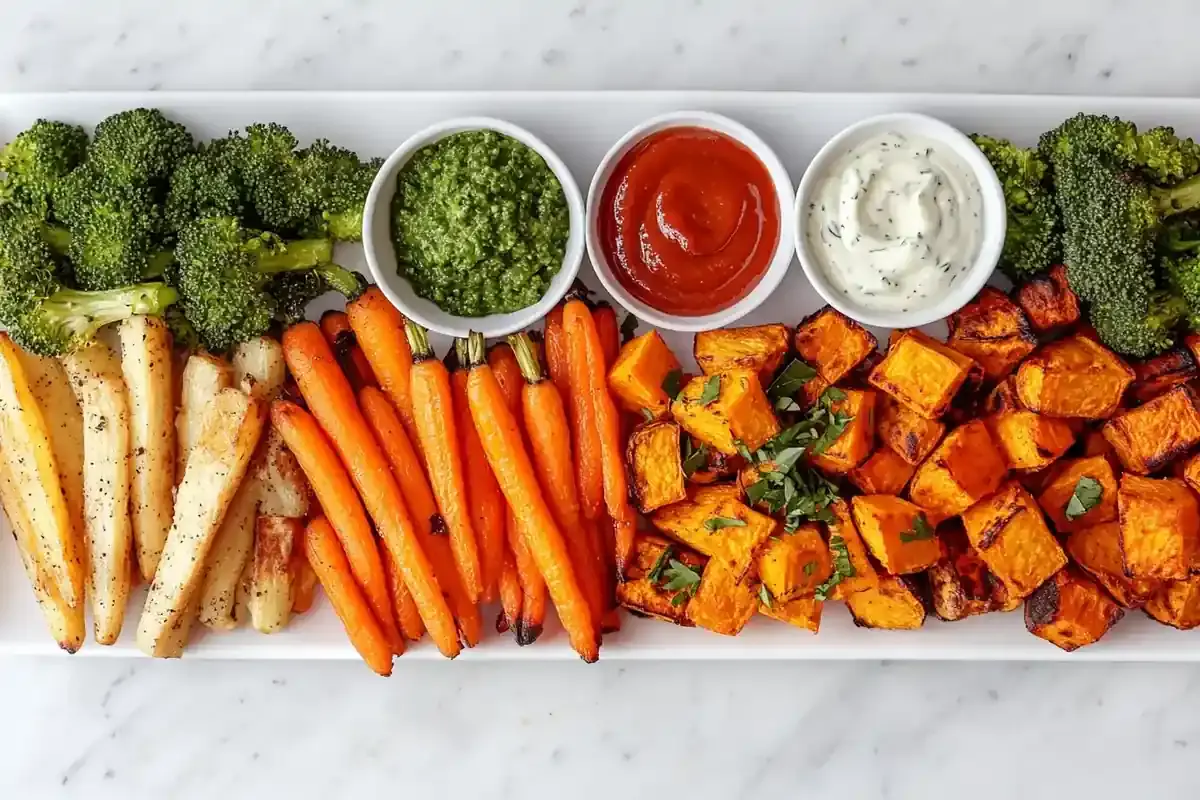 Roasted vegetables with three dipping sauces on a white marble countertop