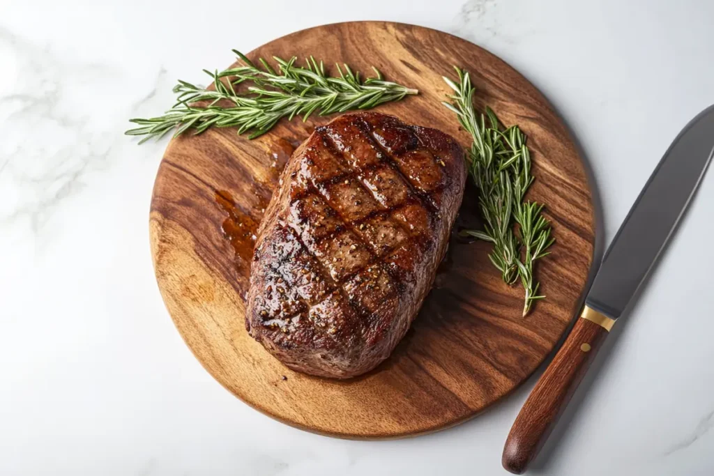 Roasted beef on a carving board with fresh herbs