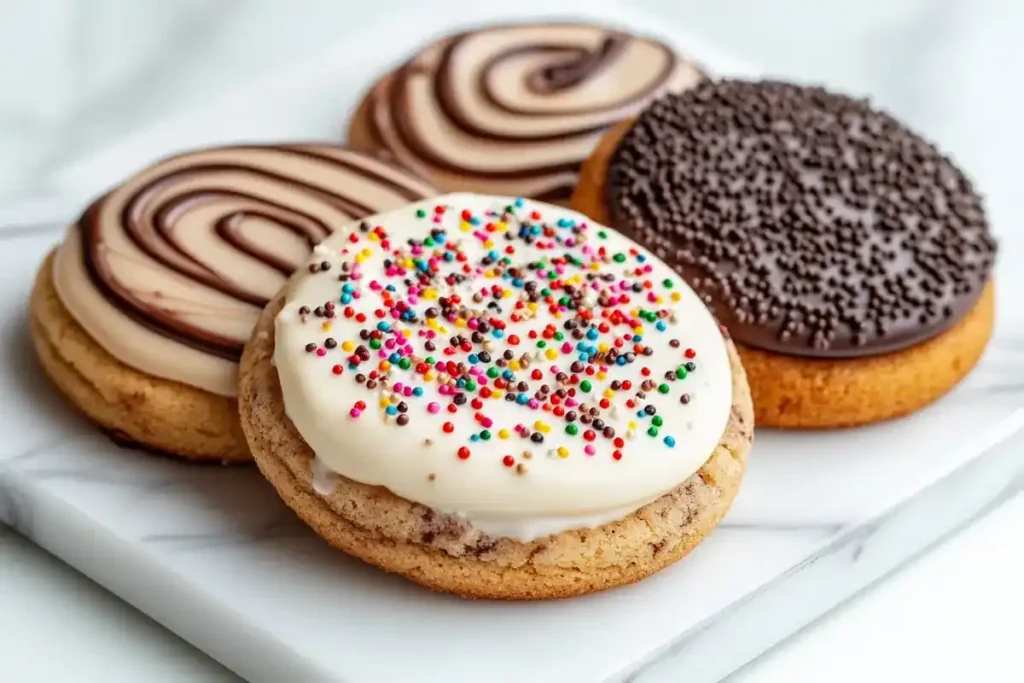 Three Crumbl Cookies in different flavors on a white marble plate