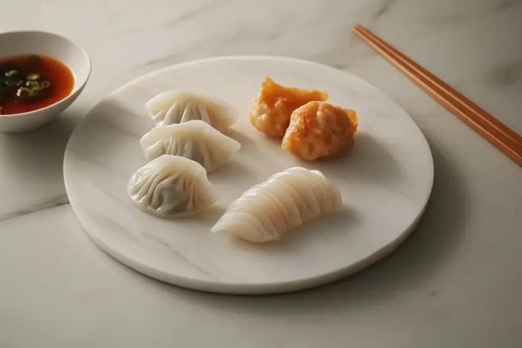 Three types of dumplings: boiled, steamed, and fried, on a marble plate