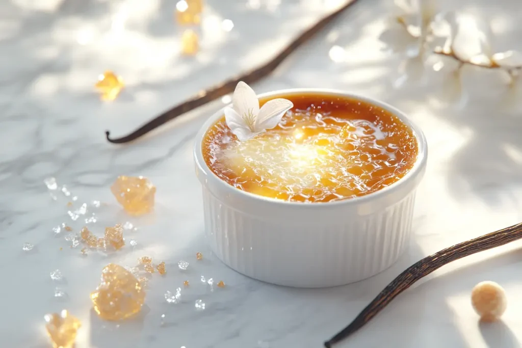 Caramelized crème brûlée in a white ramekin on elegant white marble