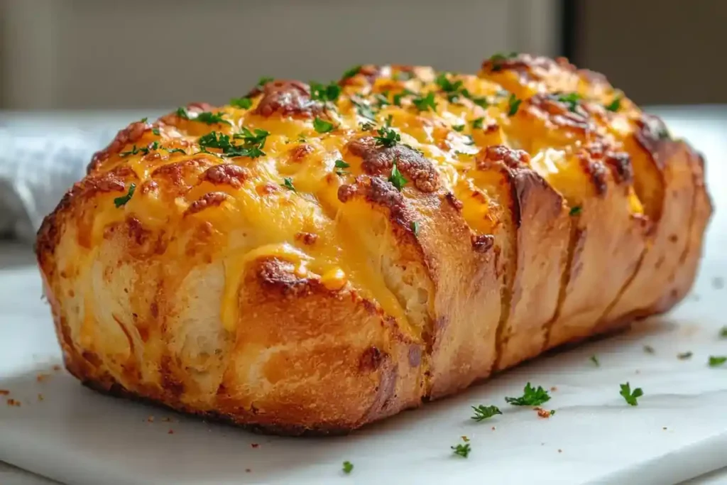 Freshly baked garlic cheese bread garnished with parsley on a white marble counter