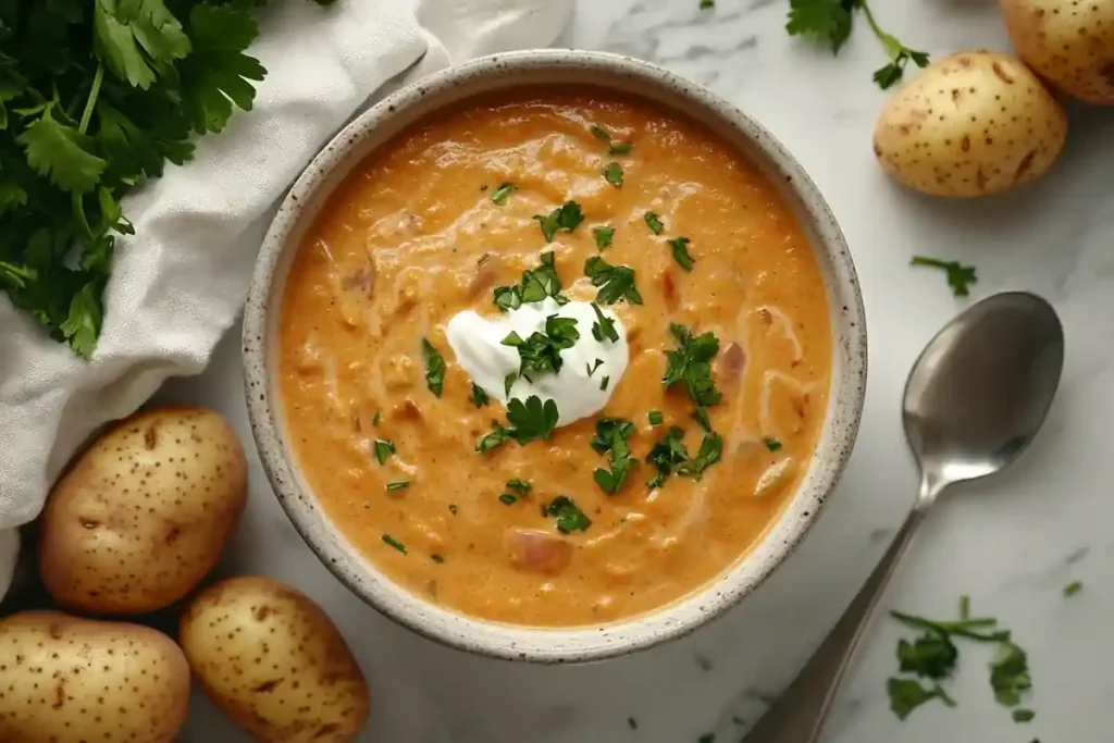 Creamy potato soup with parsley on a white marble background