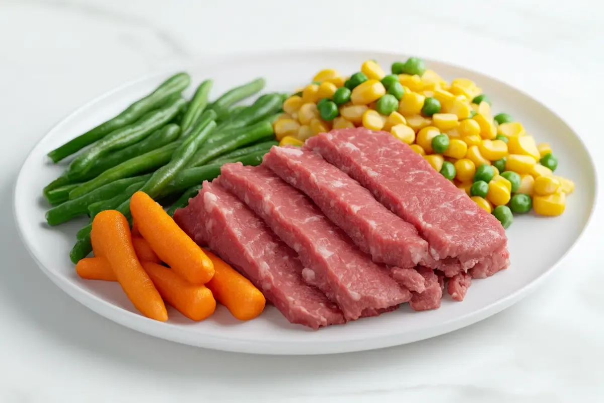 Plate of canned corned beef with vegetables on white marble