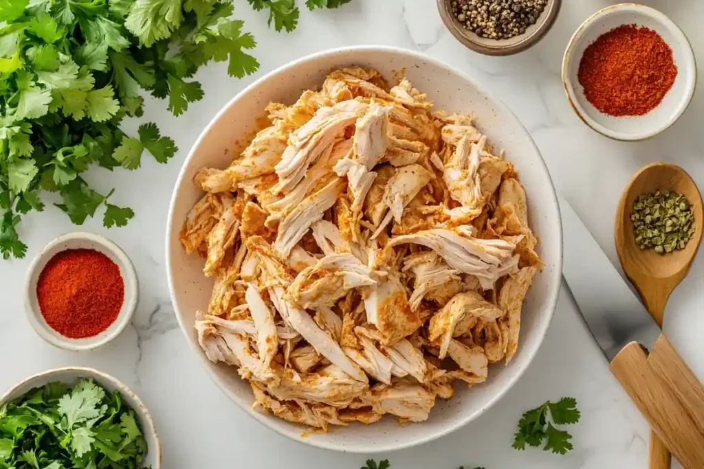 Shredded rotisserie chicken on a marble countertop with herbs