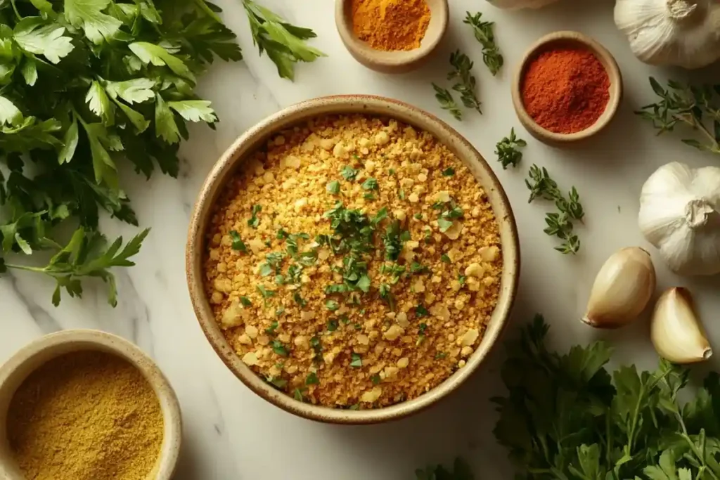 Homemade Hillbilly Fish Fry Seasoning in a bowl with fresh herbs on white marble