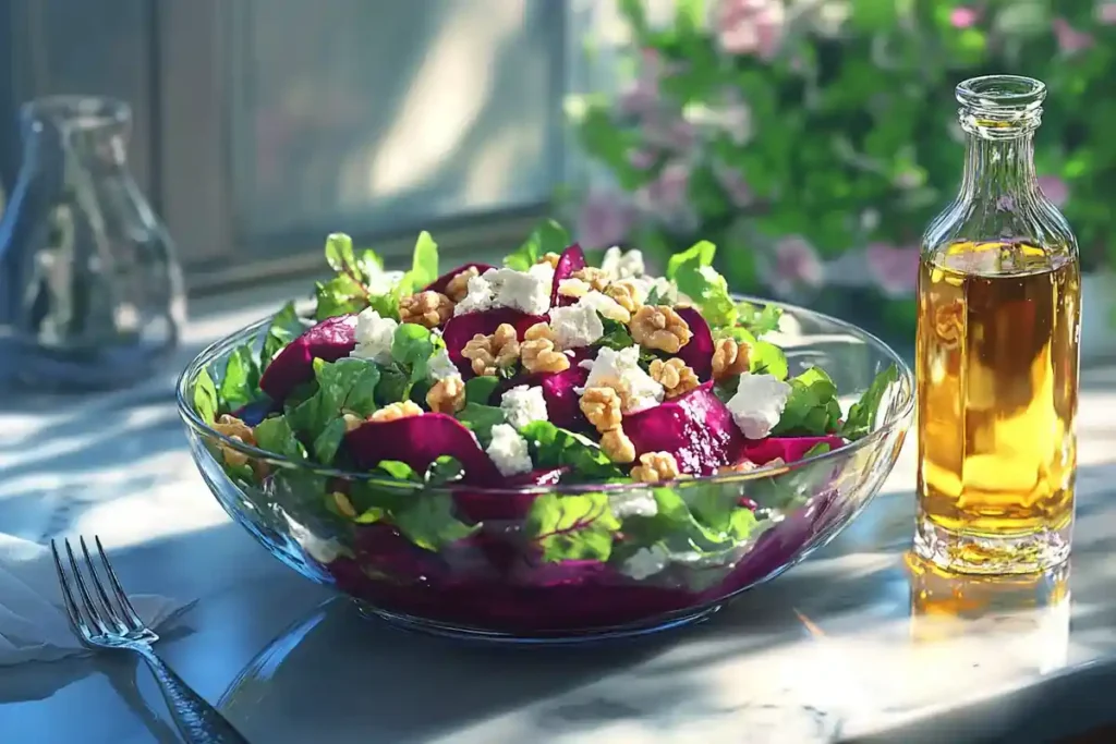 Vibrant beetroot salad in a glass bowl on a white marble countertop