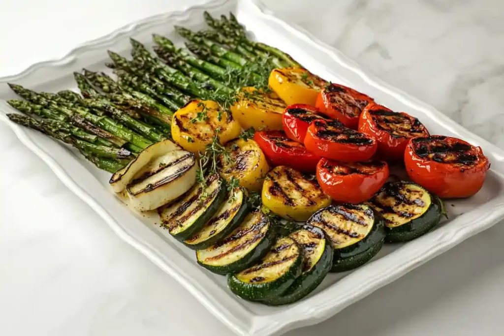 Vibrant grilled vegetables on a platter with dipping sauce