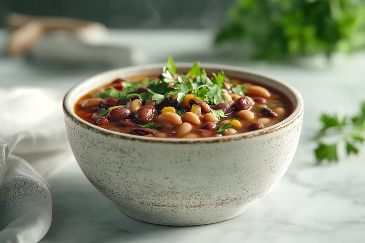 Bowl of hearty soup with fresh parsley on a marble countertop