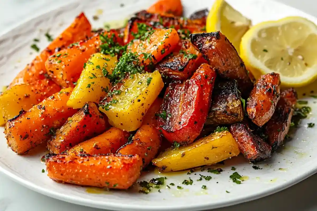 Vibrant roasted vegetables on a white marble plate