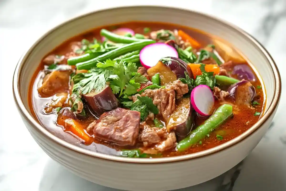 A bowl of Sinigang soup with vibrant vegetables on a white marble table