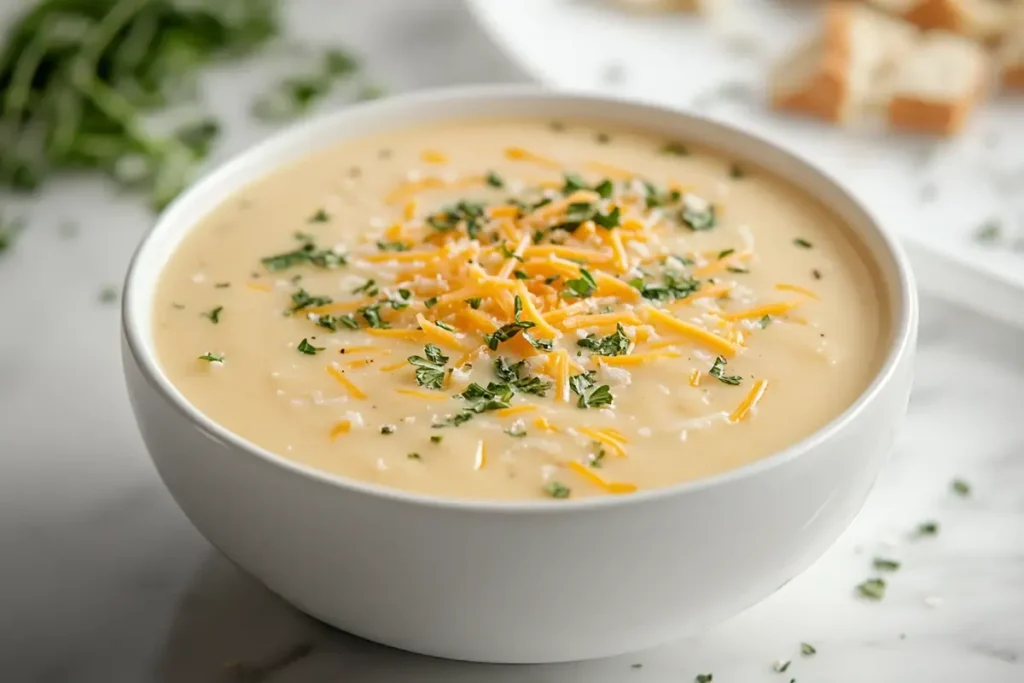 A steaming bowl of creamy potato soup garnished with parsley and croutons on white marble.