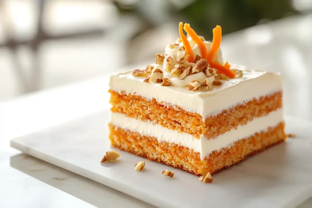 Moist carrot cake with cream cheese frosting on white marble.