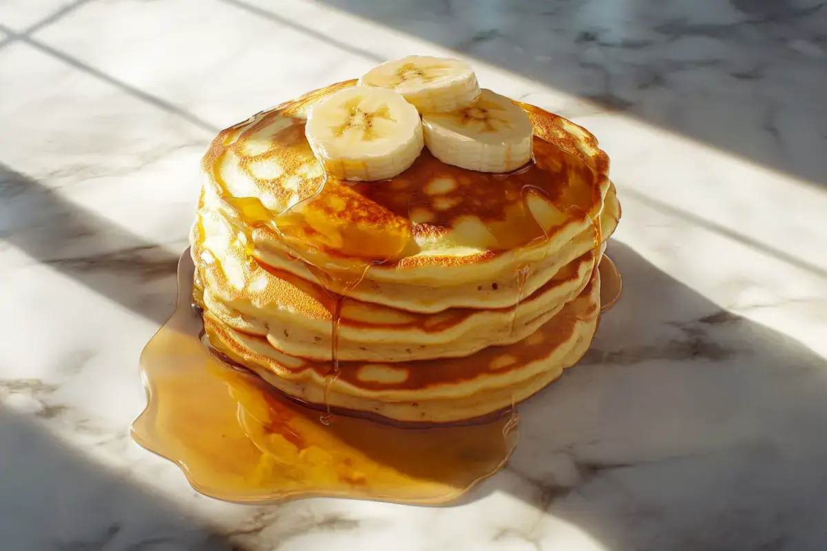 Stack of golden banana pancakes with syrup and bananas.