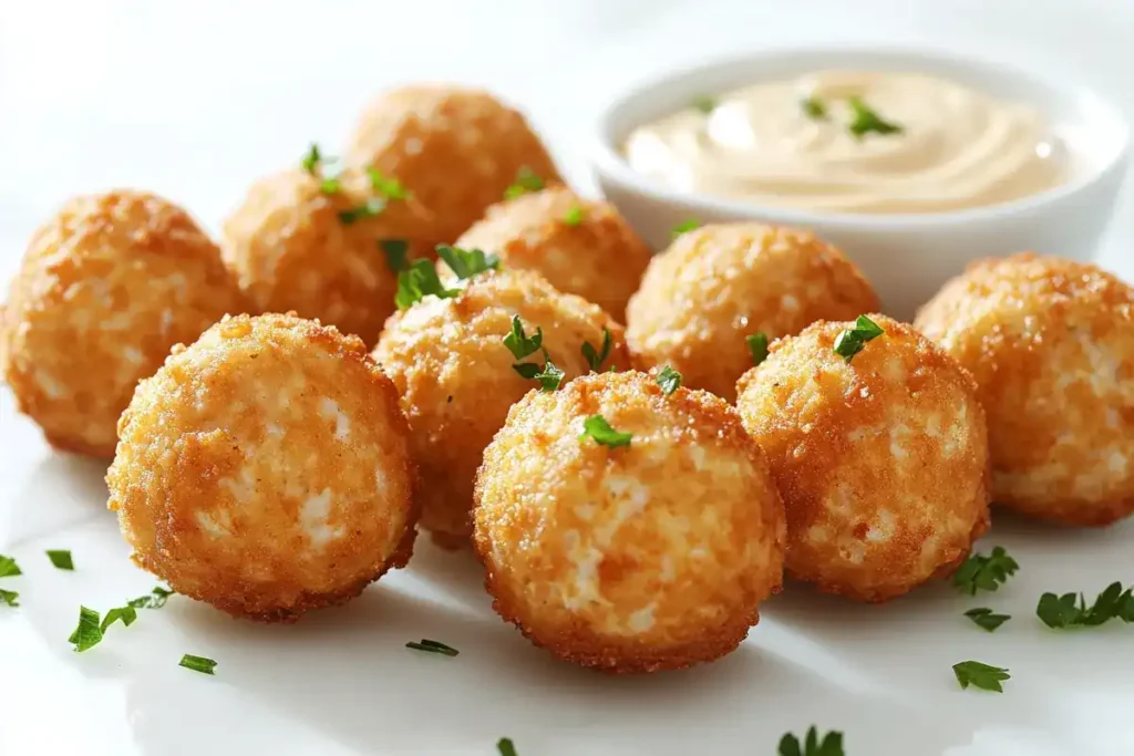 Rotel cream cheese sausage balls plated with parsley and dipping sauce.