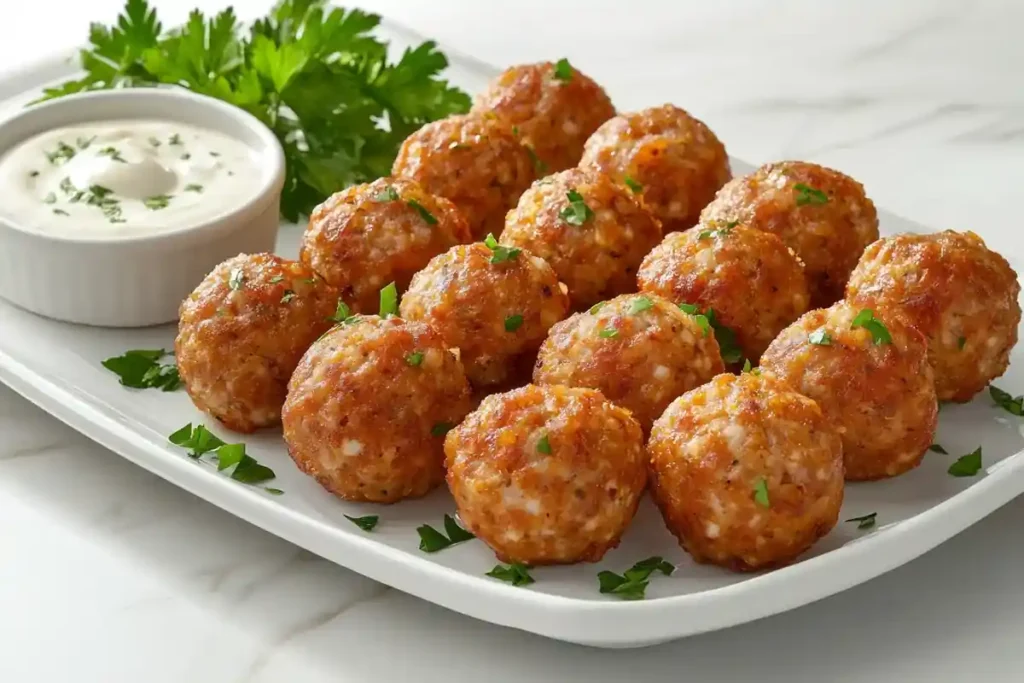 Golden-brown sausage balls on a marble table with parsley garnish and dipping sauce.