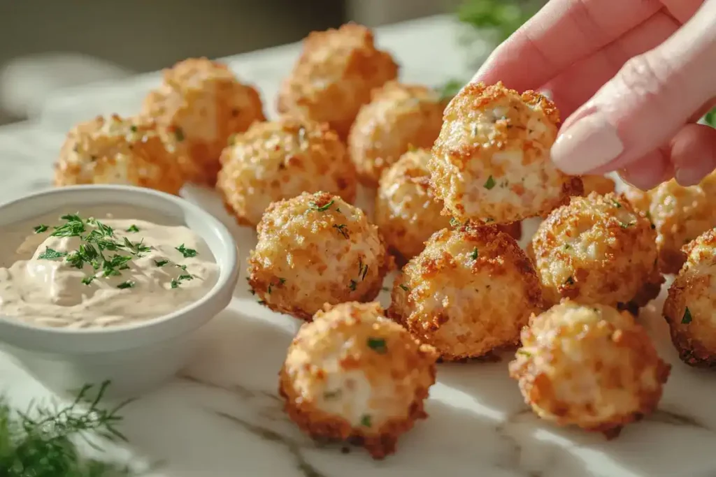 Golden sausage balls served on a white marble platter with dipping sauce.