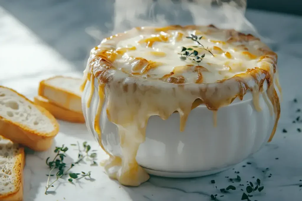 Bowl of French onion soup with bubbling Gruyère cheese on marble