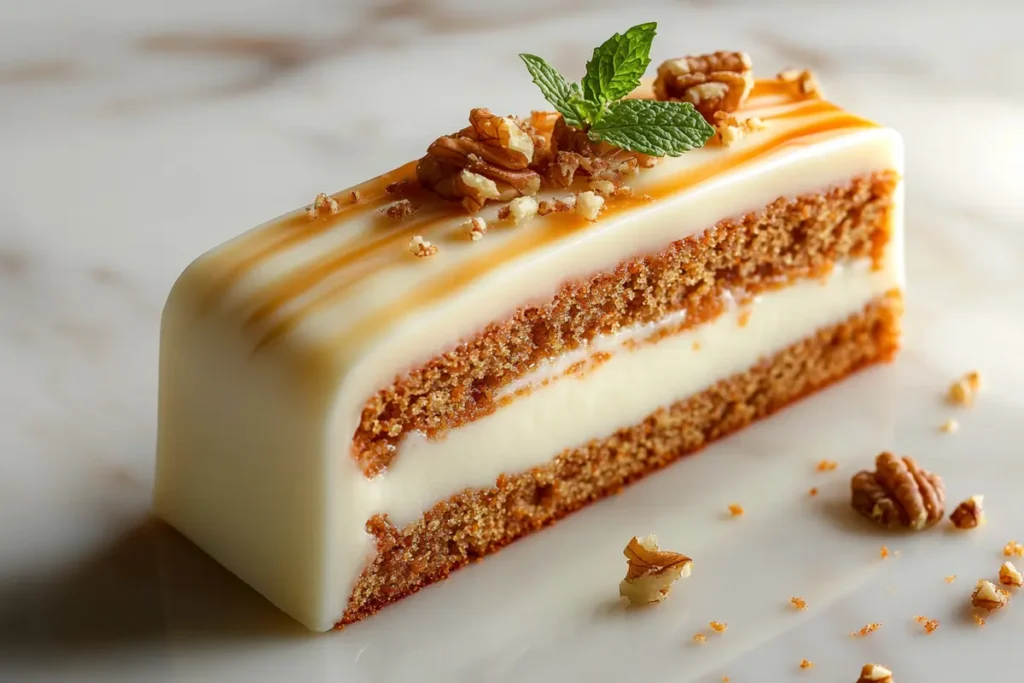 A slice of moist carrot cake with cream cheese frosting and walnuts on marble