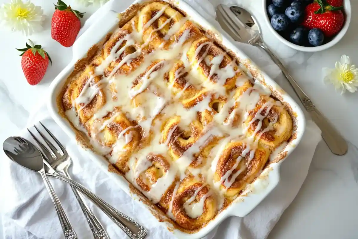 Golden-baked cinnamon roll French toast casserole with glaze.