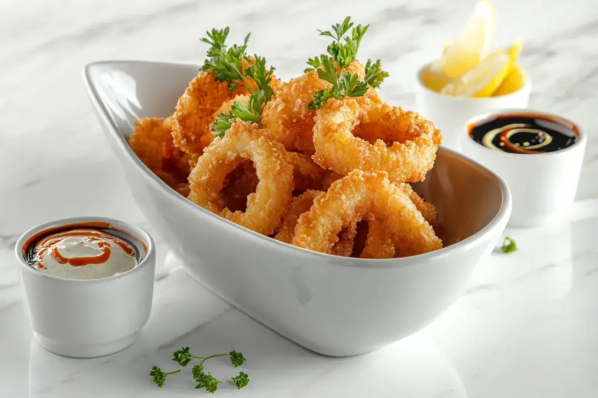 Crispy golden onion rings on a ceramic plate with dips.