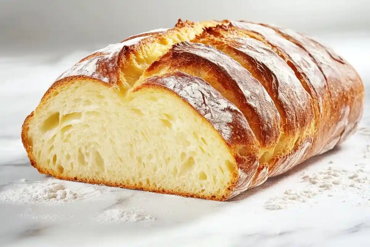 Artisan Italian Bread with Golden Crust on White Marble