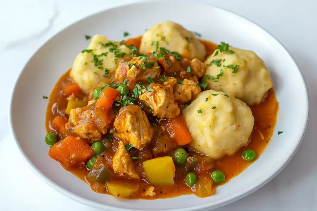 Bisquick dumplings in simmering chicken broth