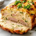 Chicken cordon bleu meatloaf sliced with ham and cheese filling