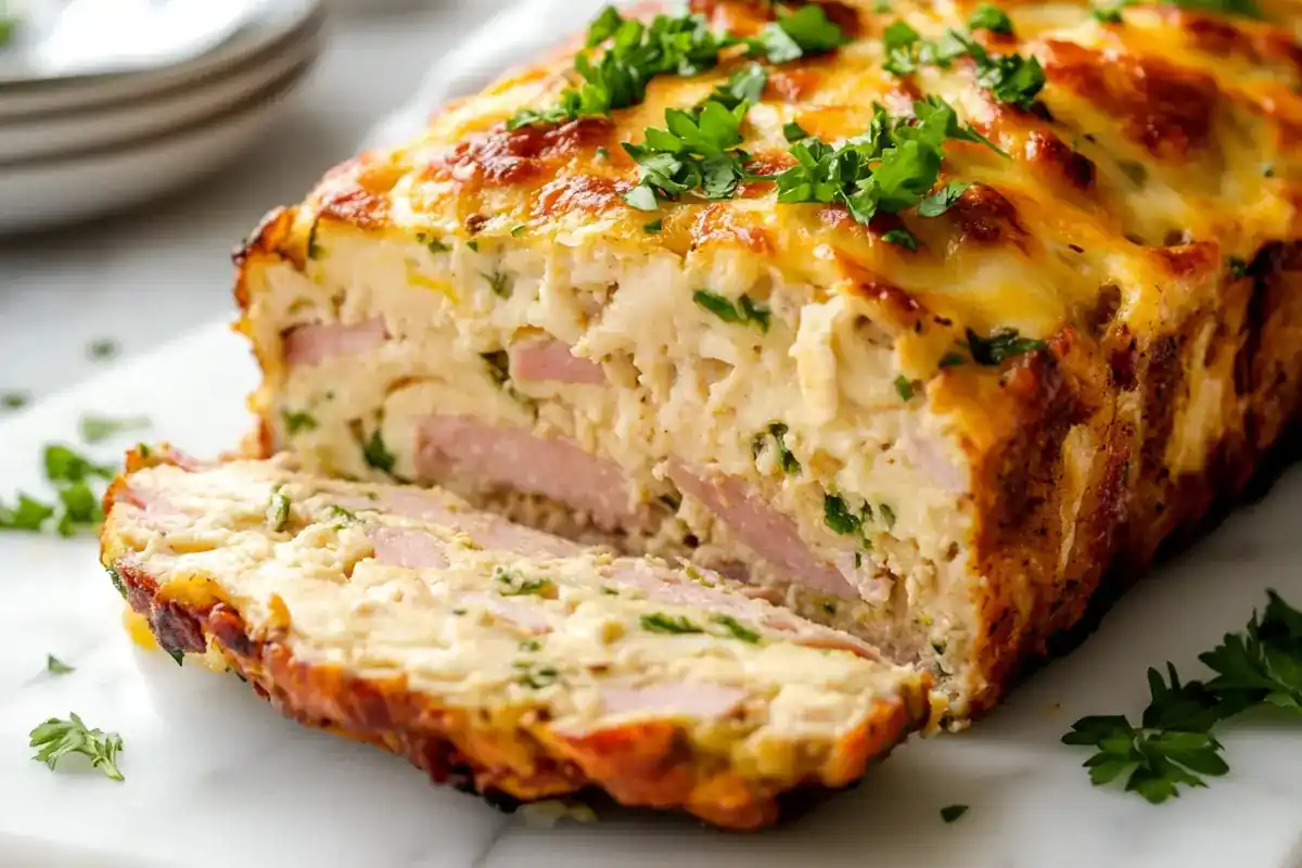 Chicken cordon bleu meatloaf sliced with ham and cheese filling