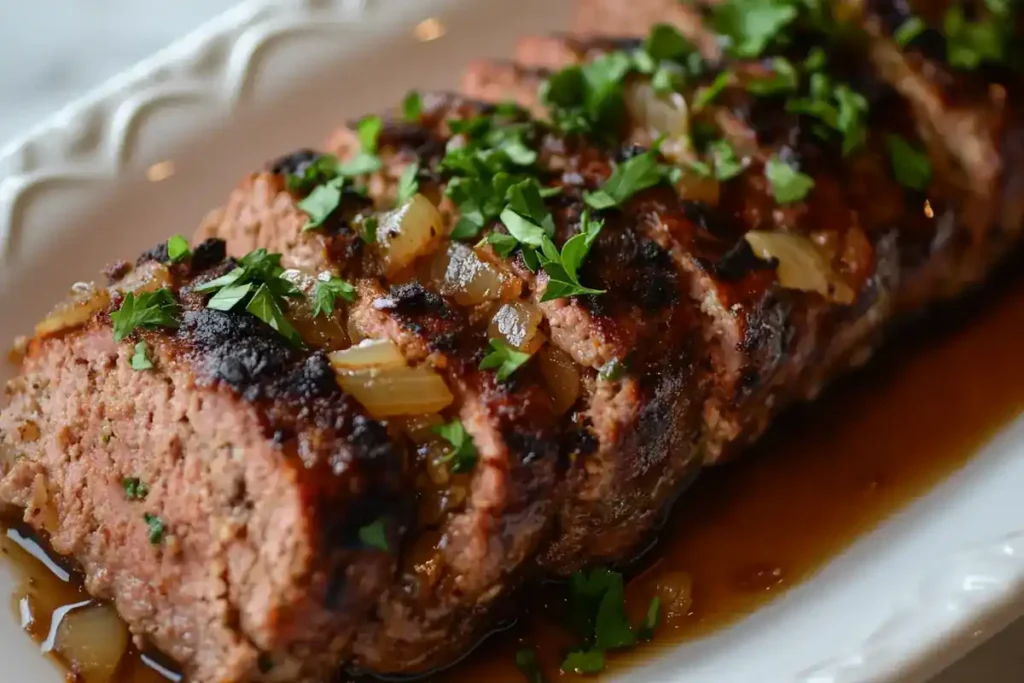 Meatloaf with Lipton Onion Soup Mix, sliced and garnished