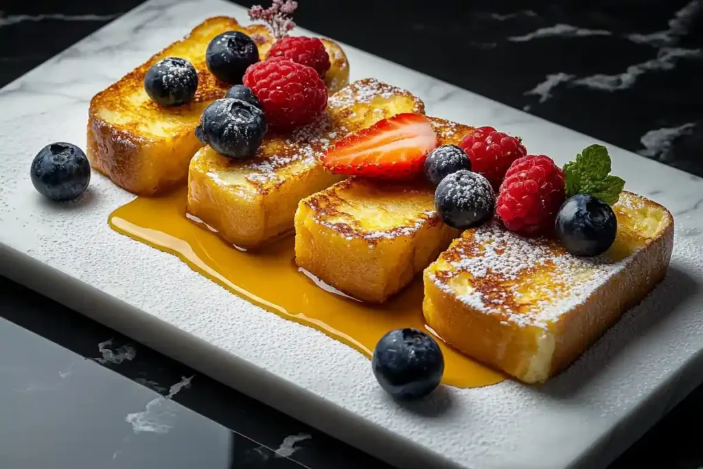 French toast with powdered sugar, berries, and syrup