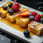 French toast with powdered sugar, berries, and syrup