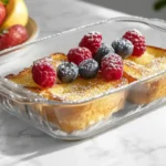 Baked French toast topped with powdered sugar and berries