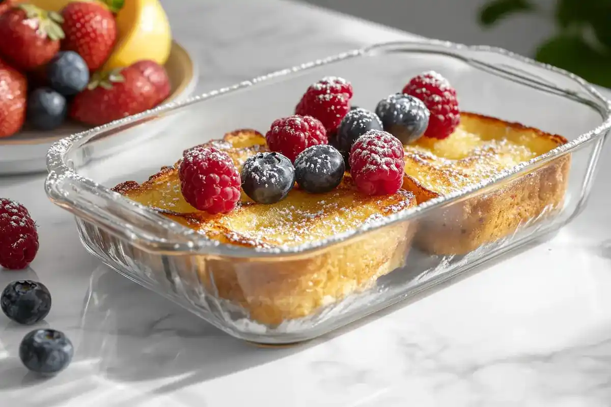 Baked French toast topped with powdered sugar and berries