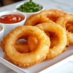 Golden onion rings with dipping sauces on marble plate